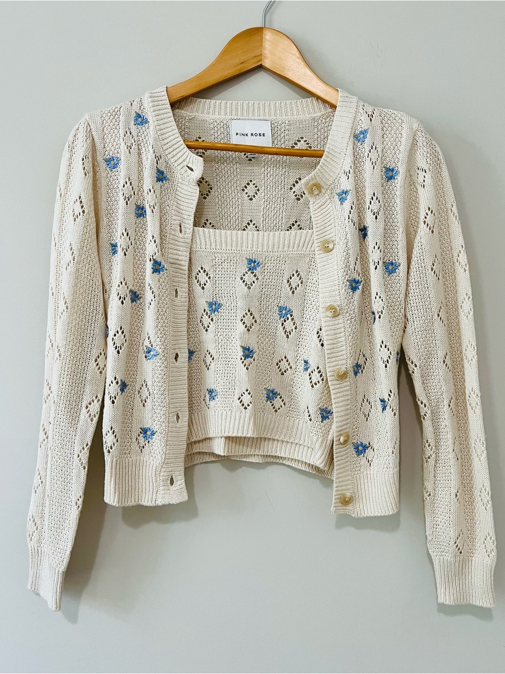 Pink Rose Pointelle Knit Cardigan & Tank Set Blue floral embroidered Cottagecore - Picture 14 of 14